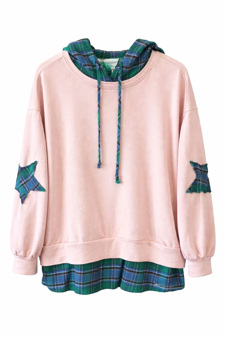 Fantastic Fawn Pink Hoodie with Plaid Accents L